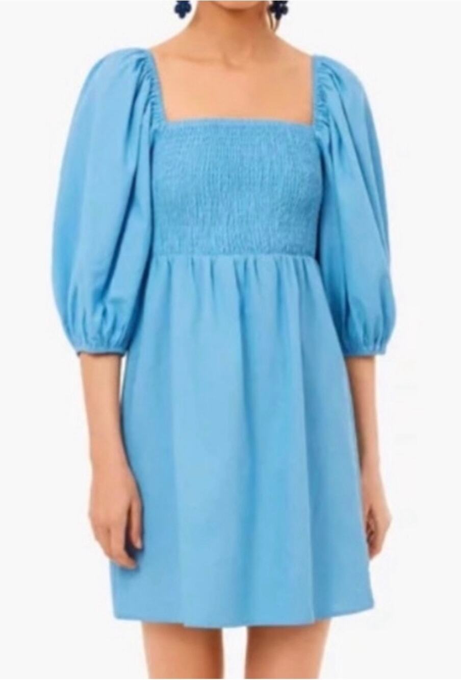 Tuckernuck Mini Dress Blue Annie Smocked Bodice Puff Sleeve Linen Blend size XS